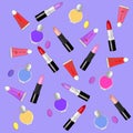 Pattern with lip stick, perfume, lip gloss. Vector pattern,. Royalty Free Stock Photo